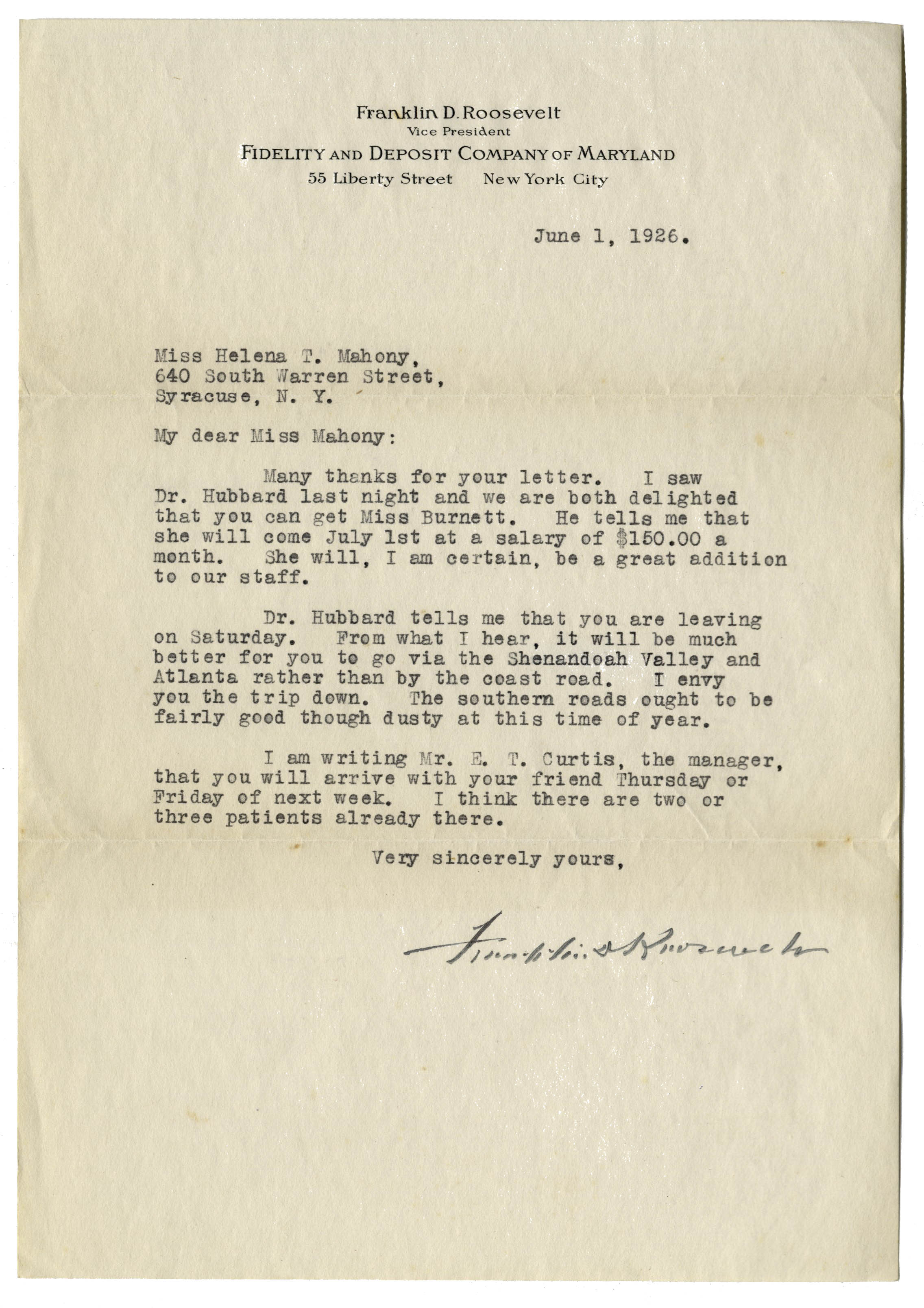 Franklin D Roosevelt 1926 Letter Signed To Physical Therapist Helena Barnebys